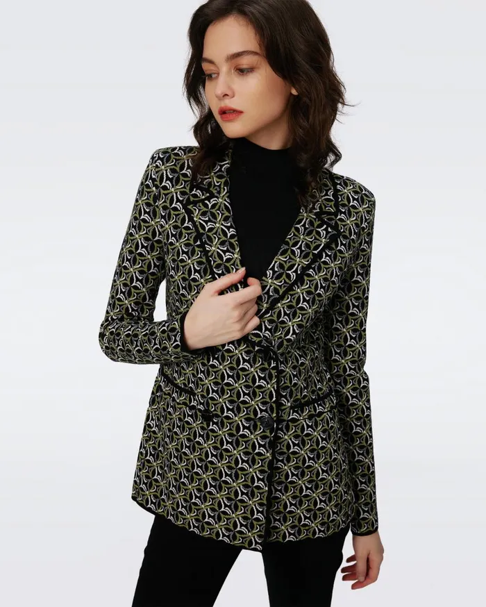 Women Dion Knit Jacquard Jacket Tiny Gig Tile Green DVF Sweaters and Knits
