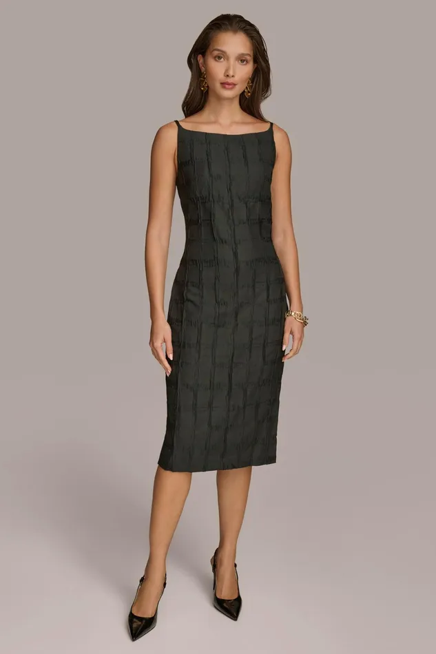 Women Dresses And Jumpsuits Donna Karan PLAID JACQUARD MIDI SHEATH DRESS Black