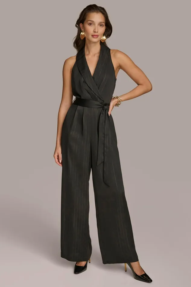 Women Dresses And Jumpsuits Donna Karan VNECK PINSTRIPE JUMPSUIT Black