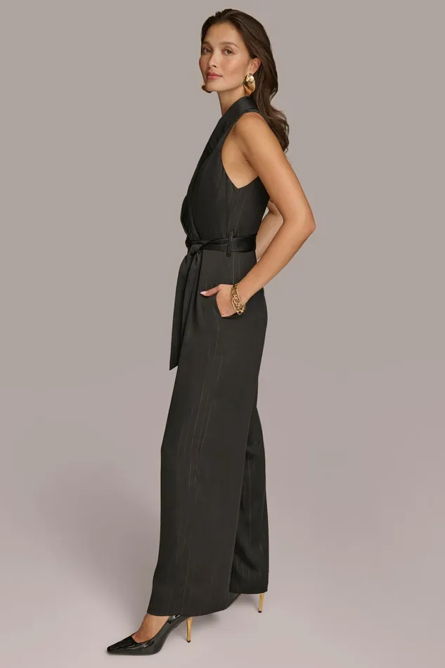 Women Dresses And Jumpsuits Donna Karan VNECK PINSTRIPE JUMPSUIT Black