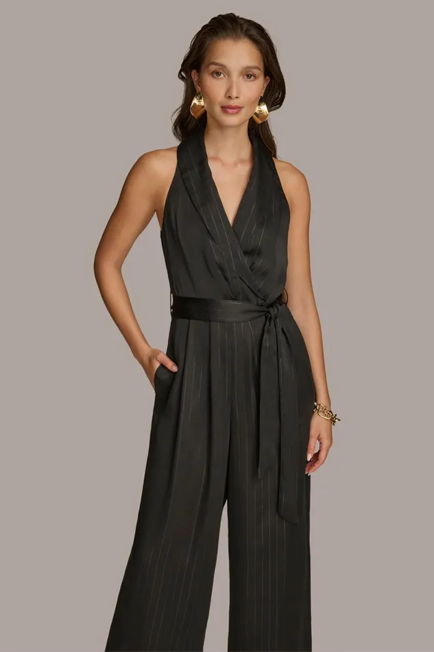 Women Dresses And Jumpsuits Donna Karan VNECK PINSTRIPE JUMPSUIT Black