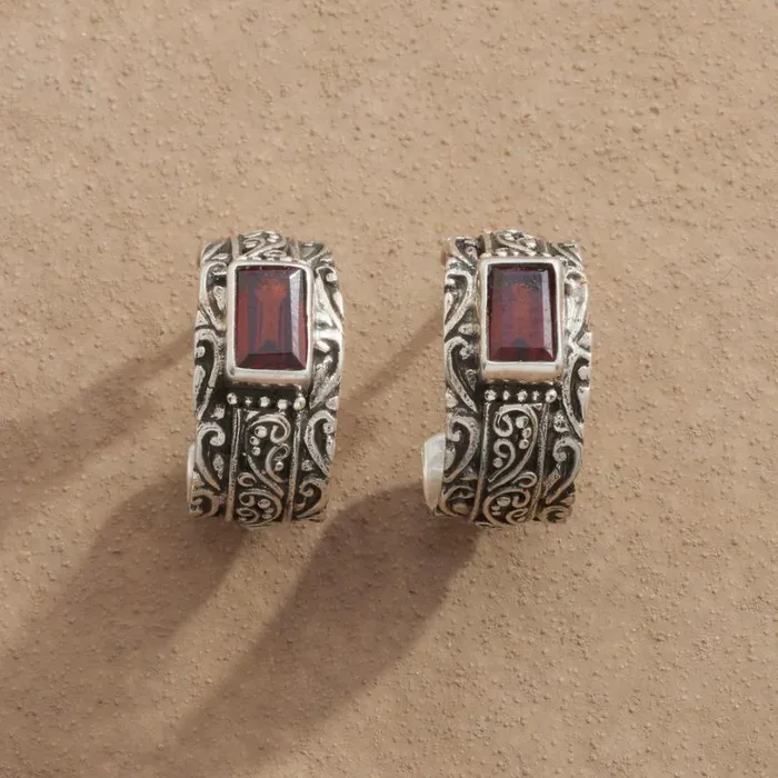 Women Filigree and Garnet Hoops Sundance Catalog Earrings