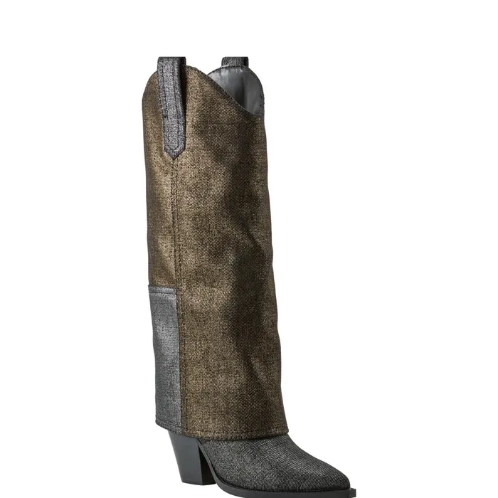 Women Harlo Foldover Western Boot Black Metallic Denim Marc Fisher Boots