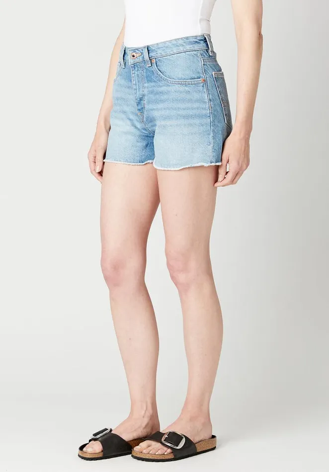 Women High Rise Relaxed Goldie Mid Blue Sanded Shorts Indigo Buffalo David Bitton Shorts and Skirts