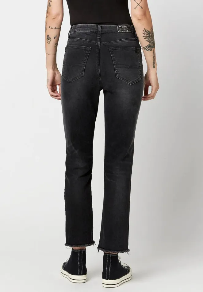 Women High Rise Straight Jayden Dark and Worn Jeans Black Buffalo David Bitton Straight Leg