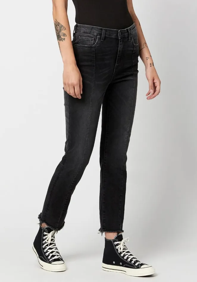 Women High Rise Straight Jayden Dark and Worn Jeans Black Buffalo David Bitton Straight Leg