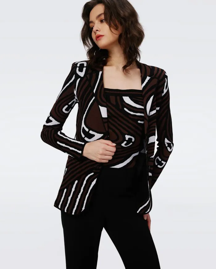 Women Ibrox Knit Jacquard Jacket Floating Curve Ivory DVF Jackets and Coats
