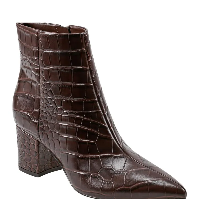 Women Jarli Pointy Ankle Bootie Brown Croco Leather Marc Fisher Boots and Booties