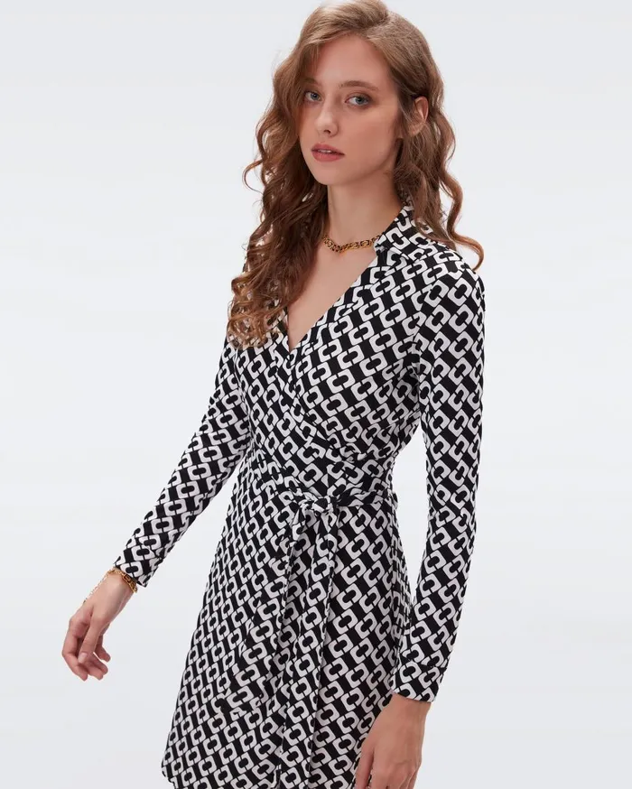 Women Jeanne Silk Jersey Wrap Dress Chain Link Medium Black DVF Dresses