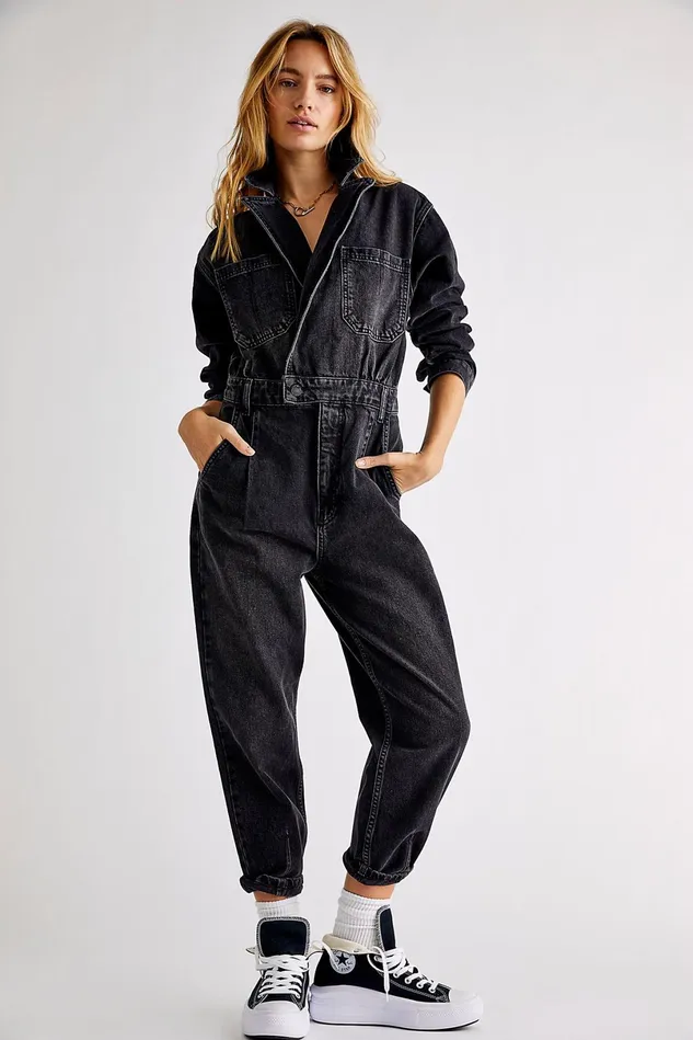 Women Jeans Free People Maris Denim Coverall Faded Black