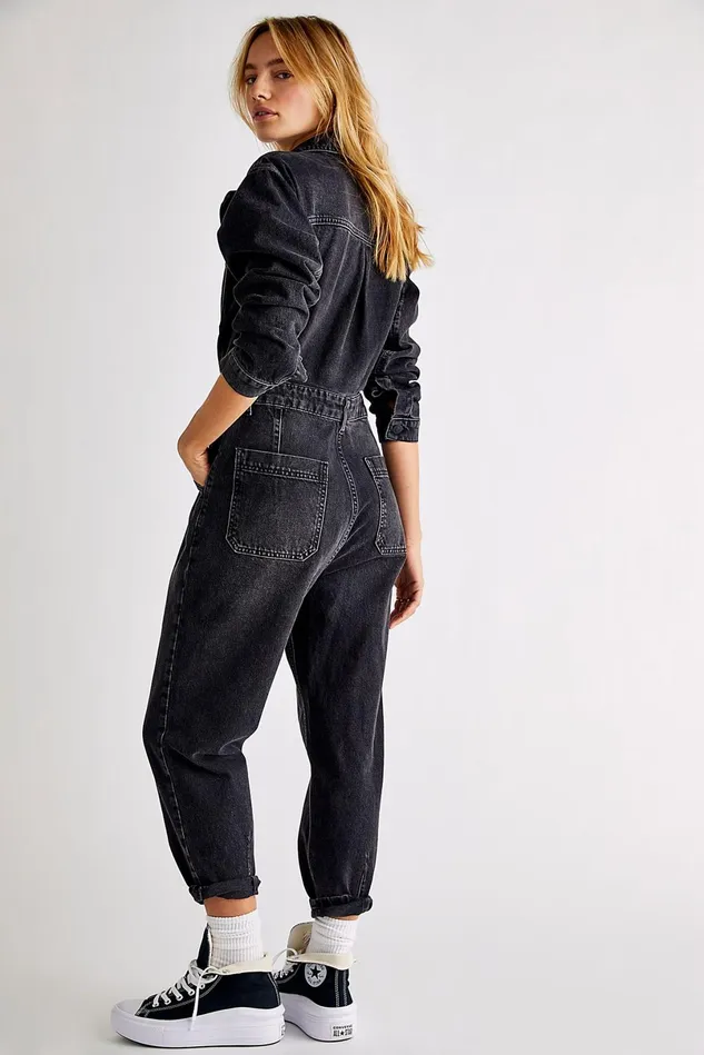 Women Jeans Free People Maris Denim Coverall Faded Black