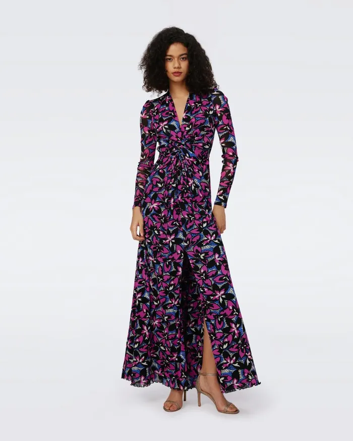 Women Kassia Mesh Dress Fishnet Floral Purple Blush DVF Dresses