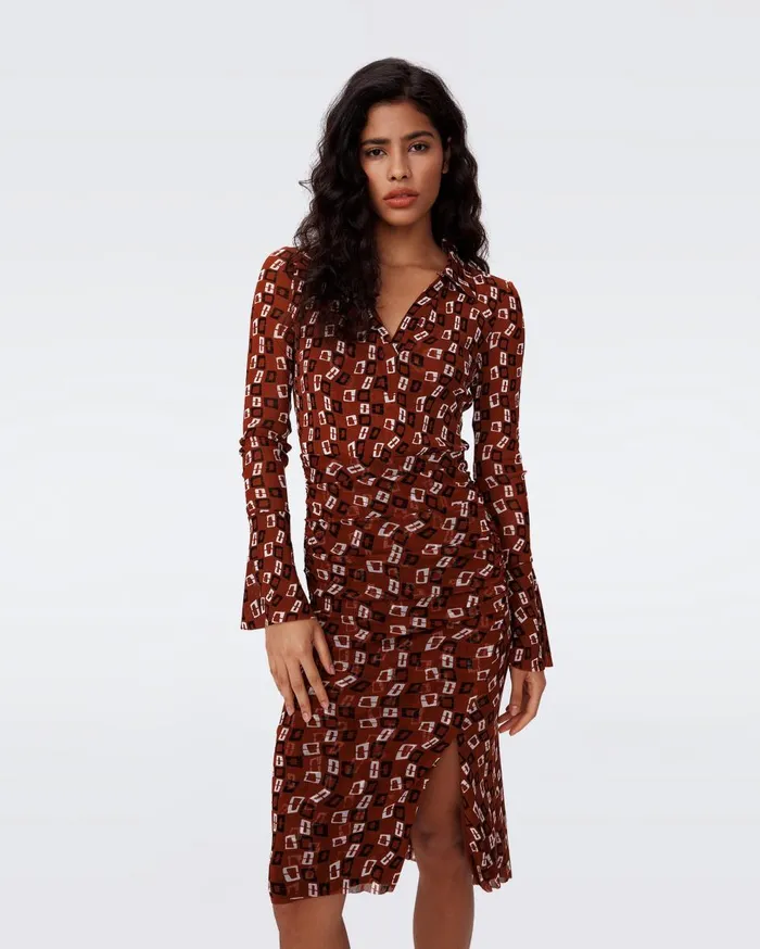 Women Lilly Mesh Dress Tiny Chain Spots Brown DVF Dresses