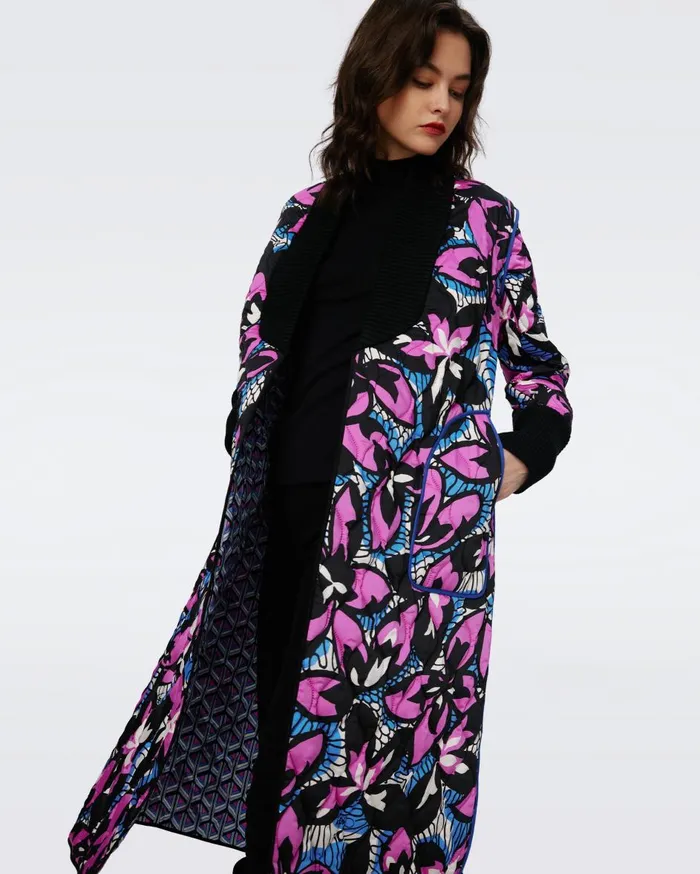 Women Loana Reversible Quilted Coat Fishnet Floral And Stadium Geo Purple DVF Jackets and Coats
