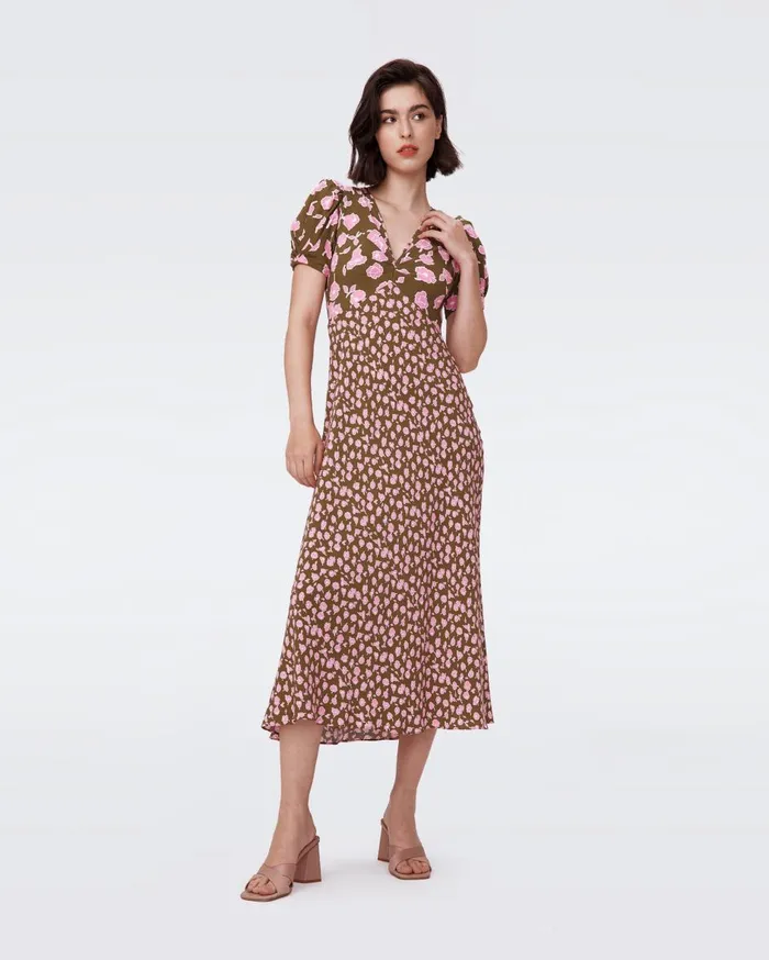 Women Margeaux Dress Huge And Tiny Rose Showers Khaki DVF Dresses