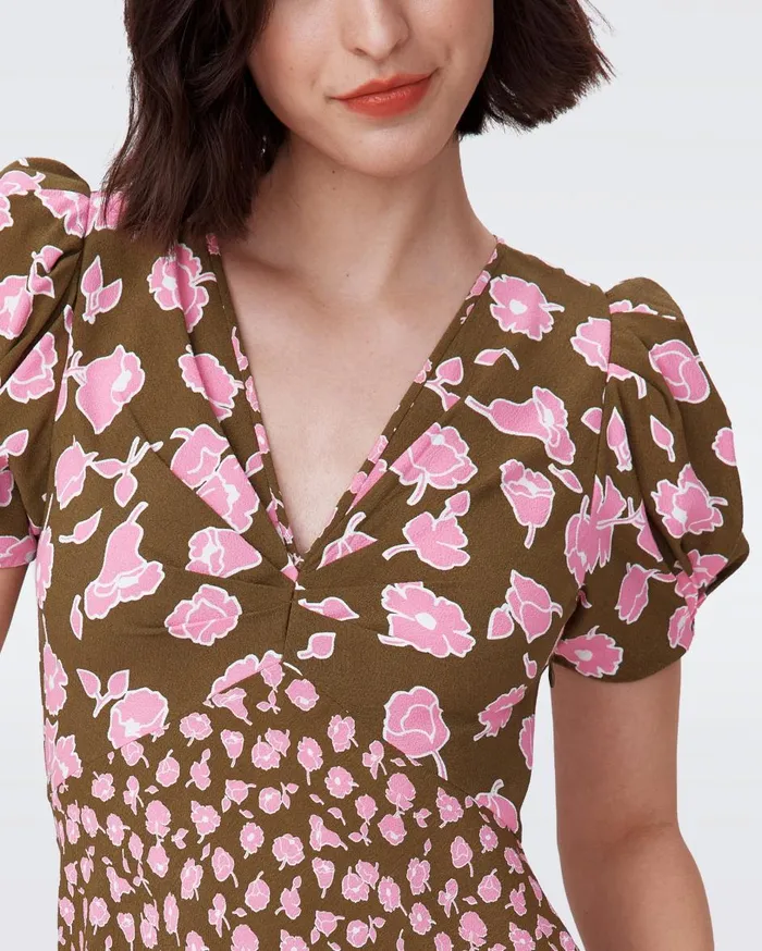 Women Margeaux Dress Huge And Tiny Rose Showers Khaki DVF Dresses