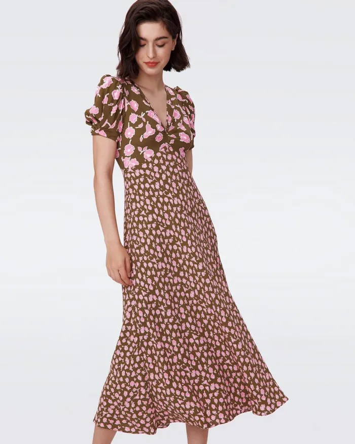 Women Margeaux Dress Huge And Tiny Rose Showers Khaki DVF Dresses