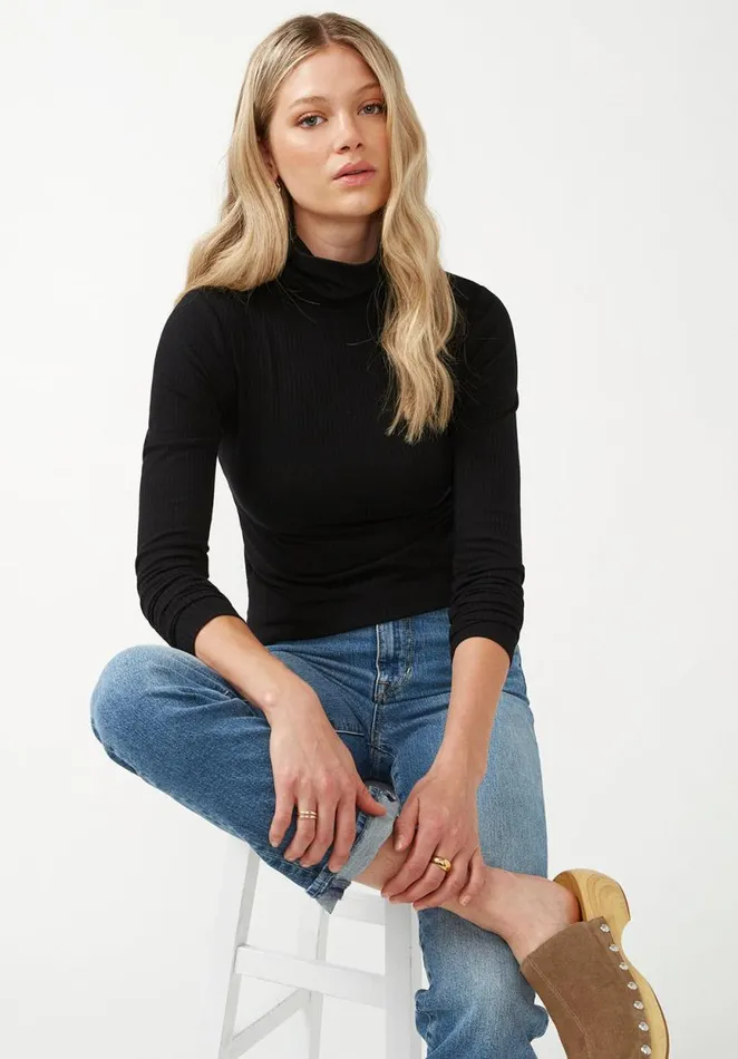 Women Mavra Black Women039s Ribbed Turtleneck Black Buffalo David Bitton Tops and Tees