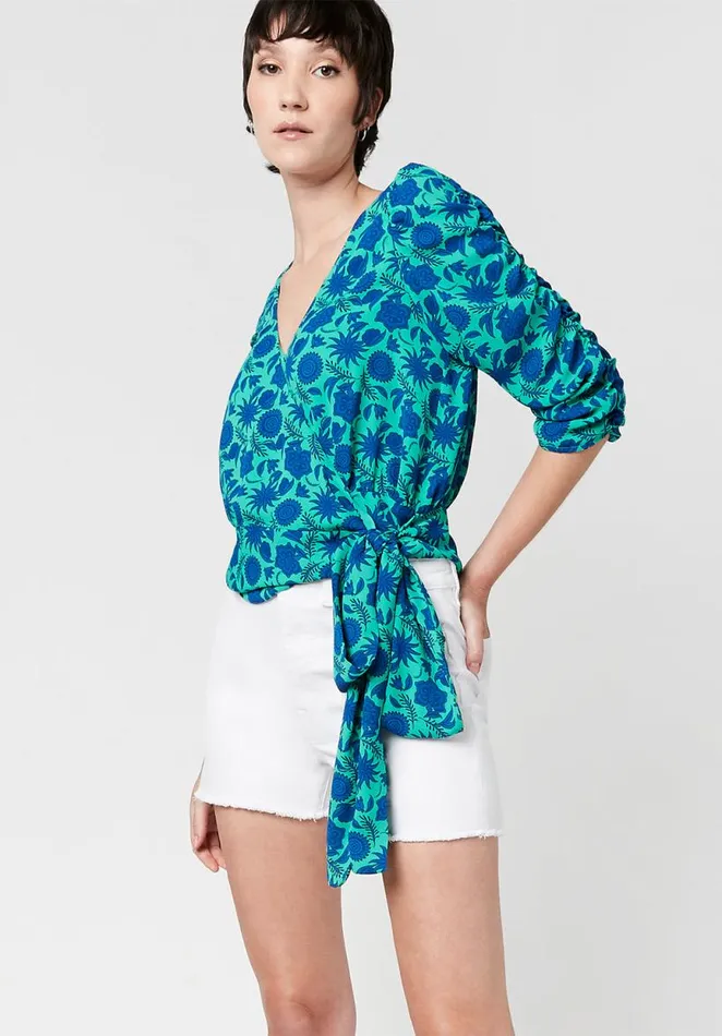 Women Natala Ruched Sleeve Wrap Blouse Cloissone Print Buffalo David Bitton Blouses Women Natala Ruched Sleeve Wrap Blouse Cloissone Print Buffalo David Bitton Blouses