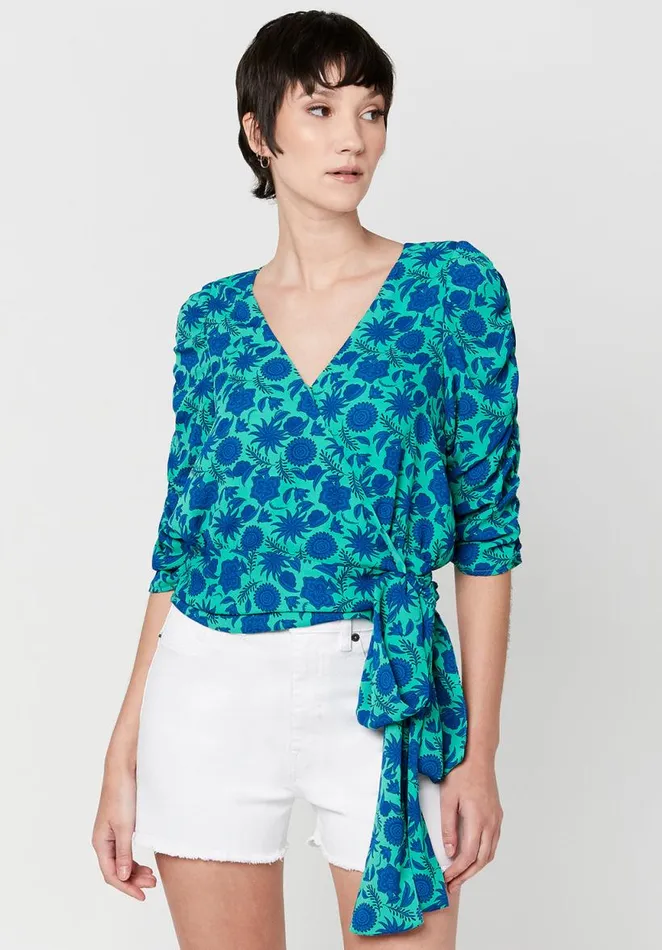 Women Natala Ruched Sleeve Wrap Blouse Cloissone Print Buffalo David Bitton Blouses