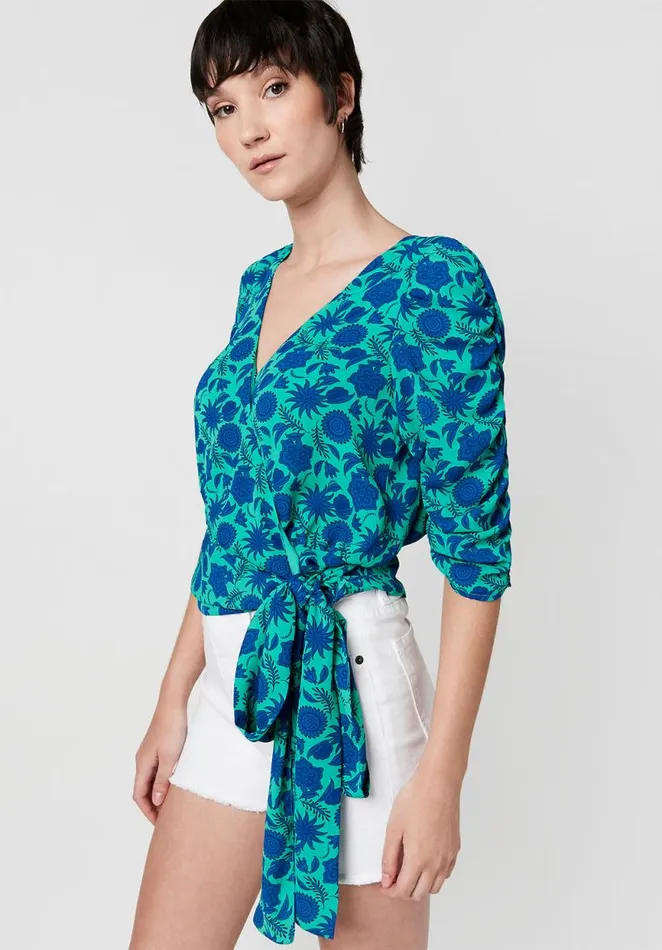 Women Natala Ruched Sleeve Wrap Blouse Cloissone Print Buffalo David Bitton Blouses