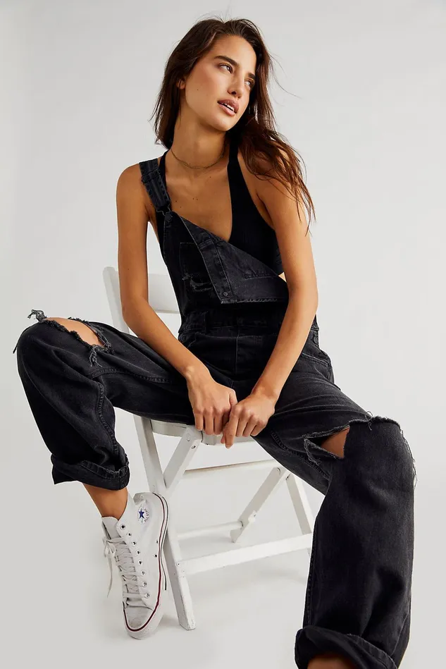 Women Overalls Free People Ziggy Denim Overalls Mineral Black Accidental Rip