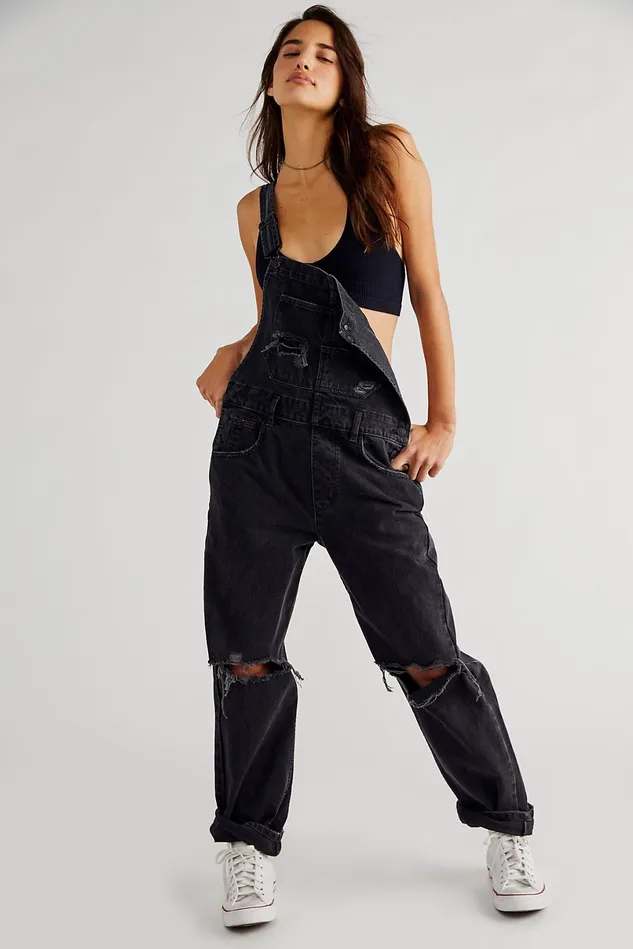Women Overalls Free People Ziggy Denim Overalls Mineral Black Accidental Rip