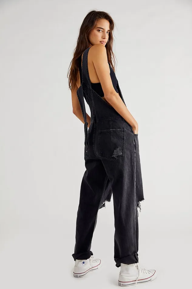 Women Overalls Free People Ziggy Denim Overalls Mineral Black Accidental Rip