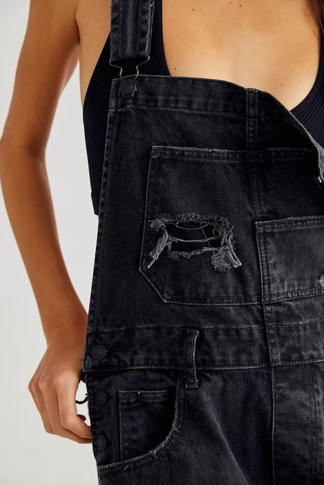 Women Overalls Free People Ziggy Denim Overalls Mineral Black Accidental Rip