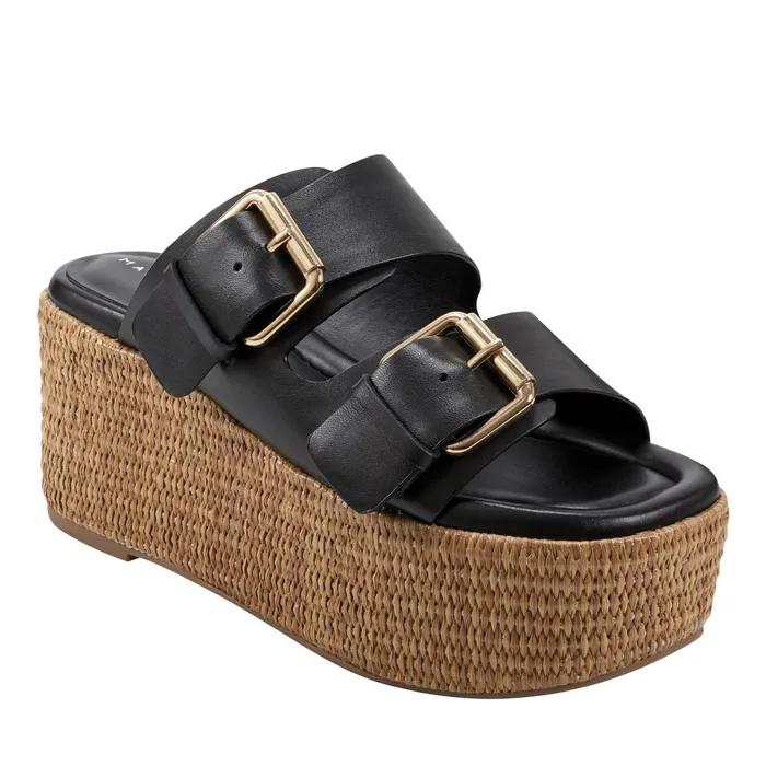 Women Palery Platform Buckle Slide Sandal Black Leather Marc Fisher Mules and Slides