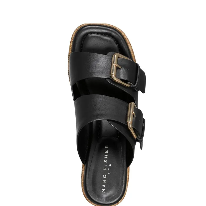 Women Palery Platform Buckle Slide Sandal Black Leather Marc Fisher Mules and Slides