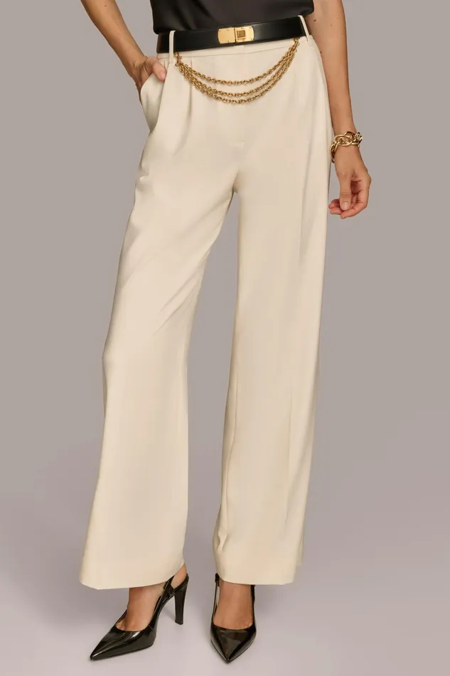 Women Pants Donna Karan WIDE LEG TROUSER WITH CHAIN BELT Ivory