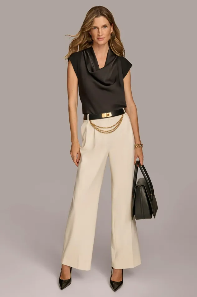 Women Pants Donna Karan WIDE LEG TROUSER WITH CHAIN BELT Ivory