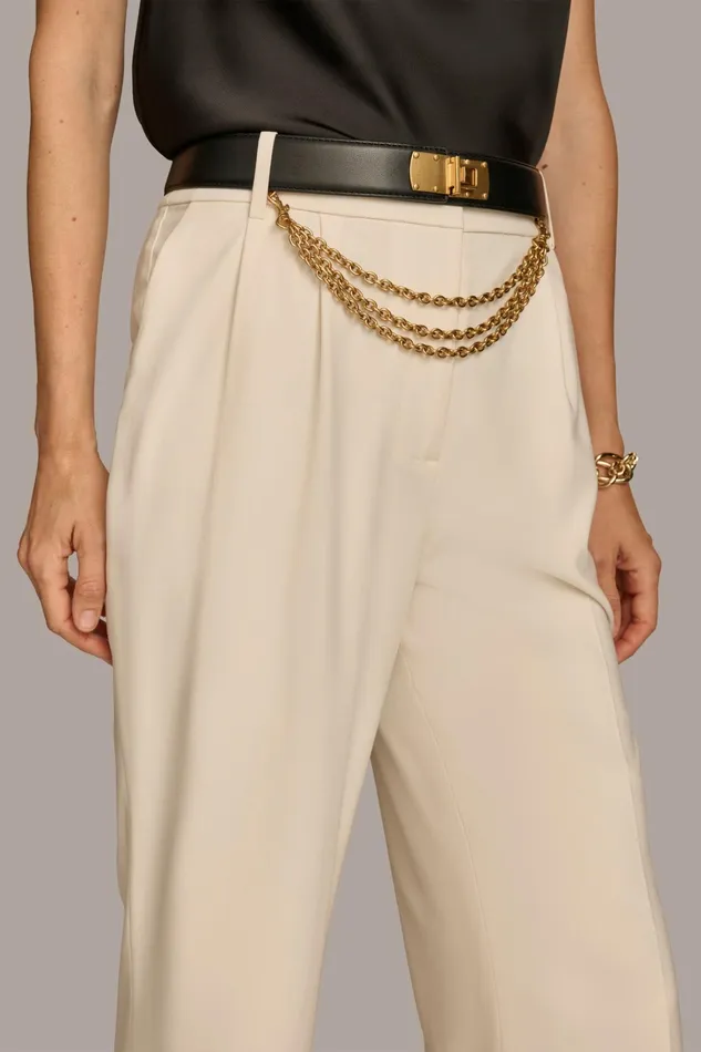 Women Pants Donna Karan WIDE LEG TROUSER WITH CHAIN BELT Ivory