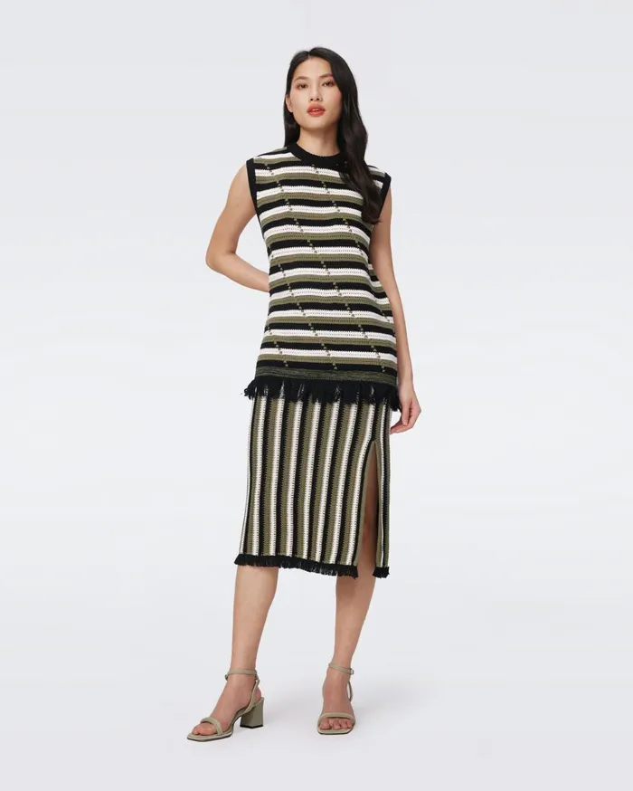 Women Paulina Skirt Summer Stripe Olive Green DVF Skirts