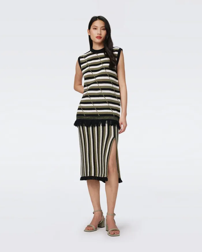 Women Paulina Skirt Summer Stripe Olive Green DVF Skirts