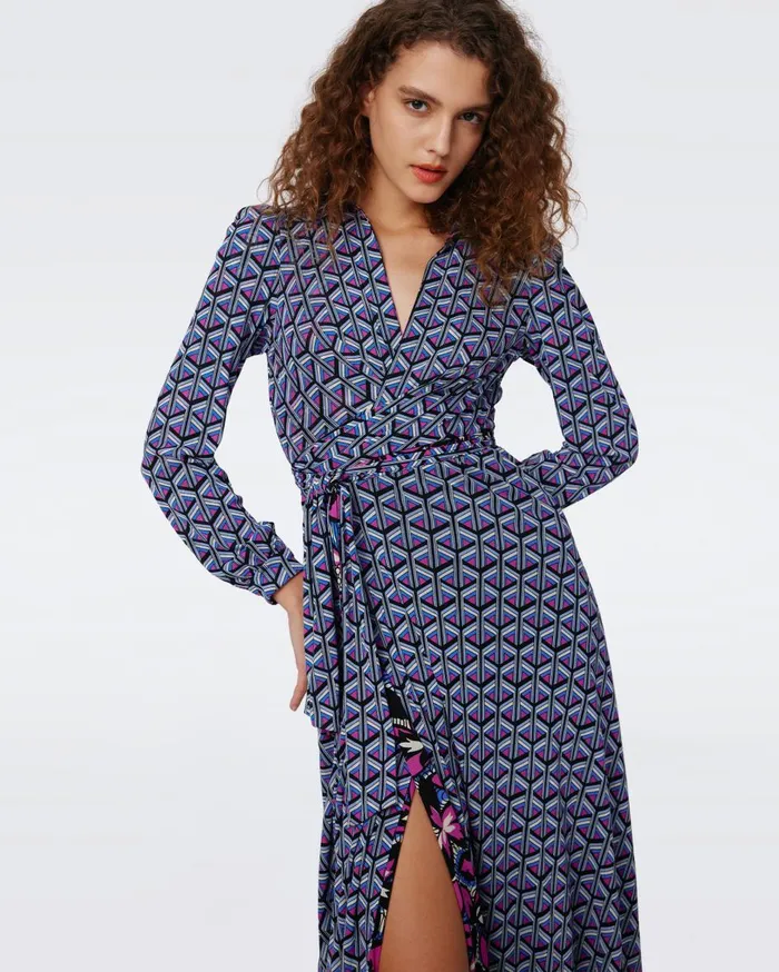 Women Phoenix Reversible Mesh Wrap Dress Fishnet Floral And Stadium Geo Purple DVF Dresses