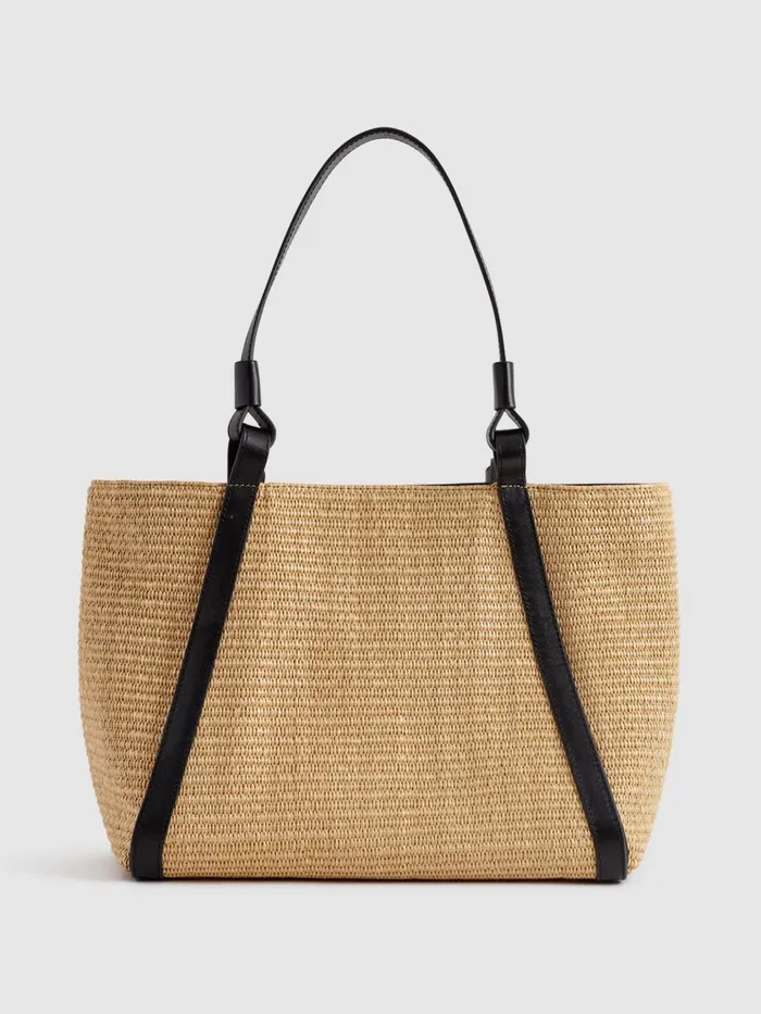 Women Reiss Bags Nova Raffia Leather Strap Tote Bag Natural