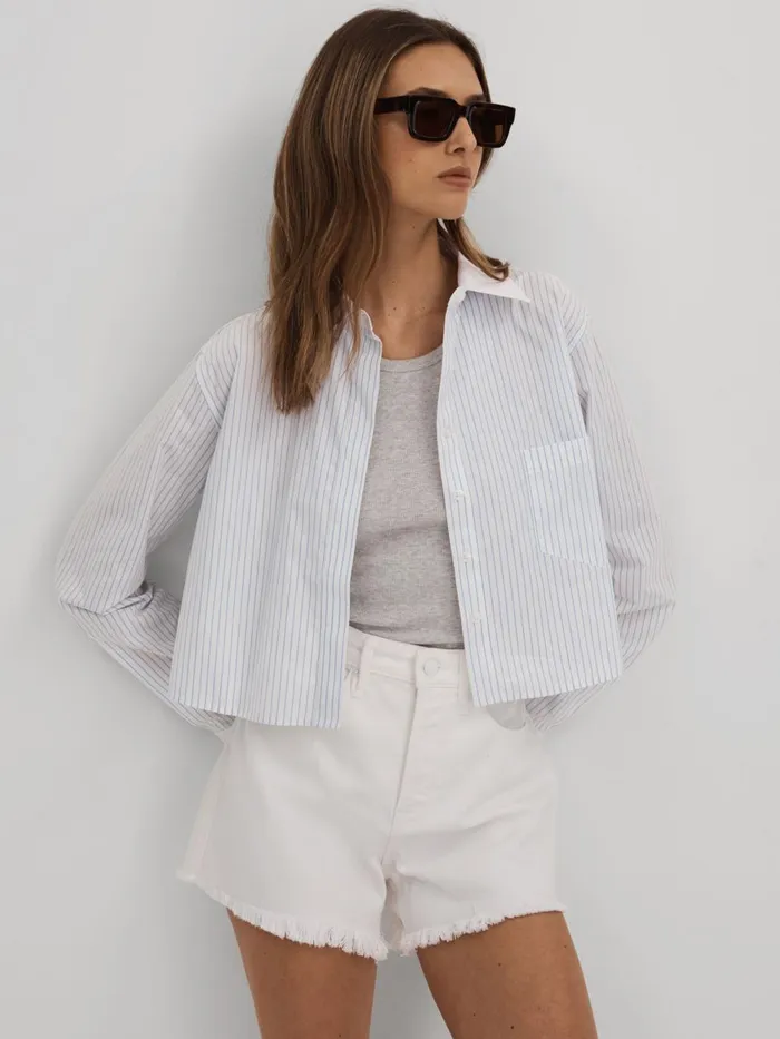 Women Reiss Blouses and Shirts American Good American Cotton Poplin Cropped Shirt Blue Stripe