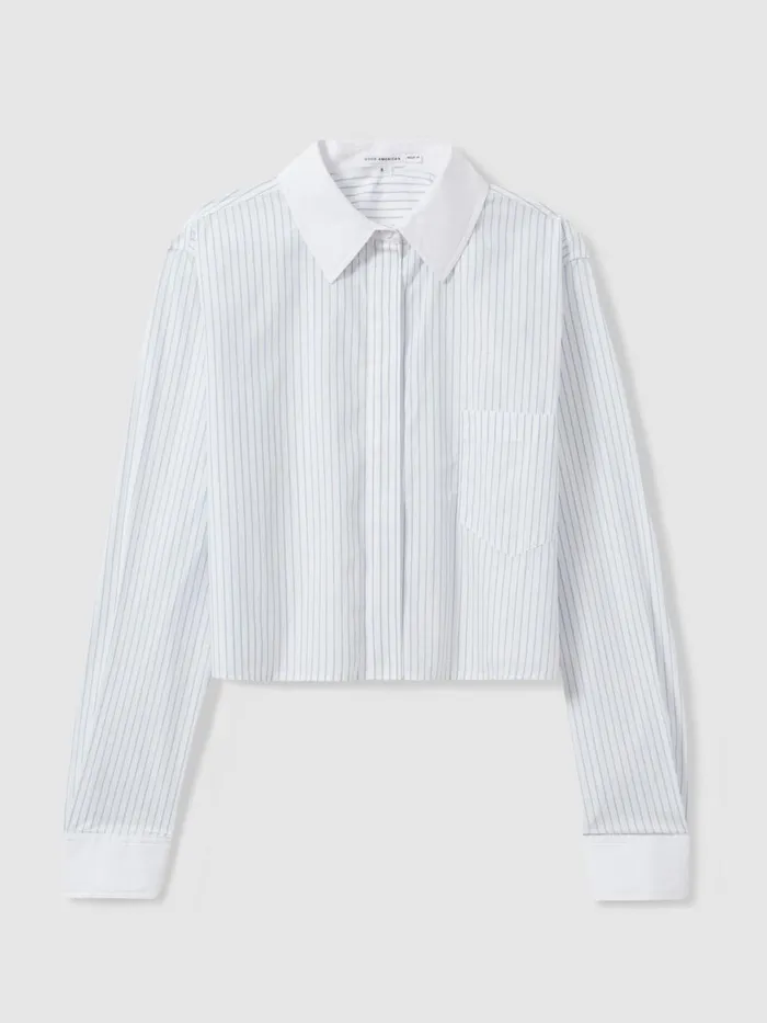 Women Reiss Blouses and Shirts American Good American Cotton Poplin Cropped Shirt Blue Stripe