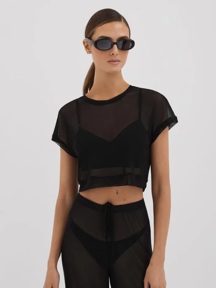 Women Reiss Blouses and Shirts American Good American Sheer Mesh Cropped Top Black