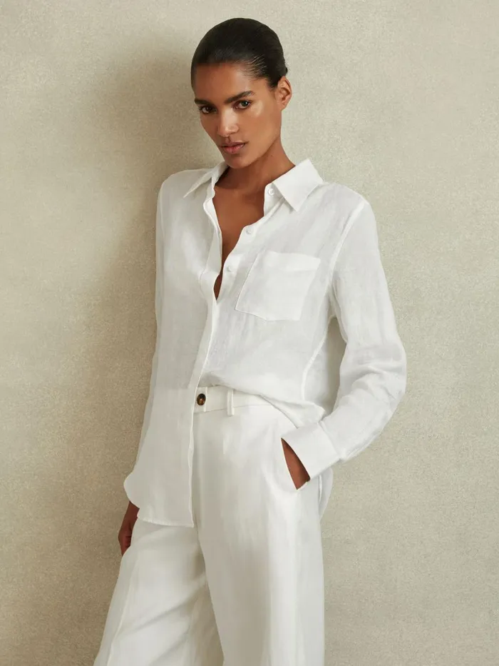 Women Reiss Blouses and Shirts Campbell Linen Long Sleeve Shirt White