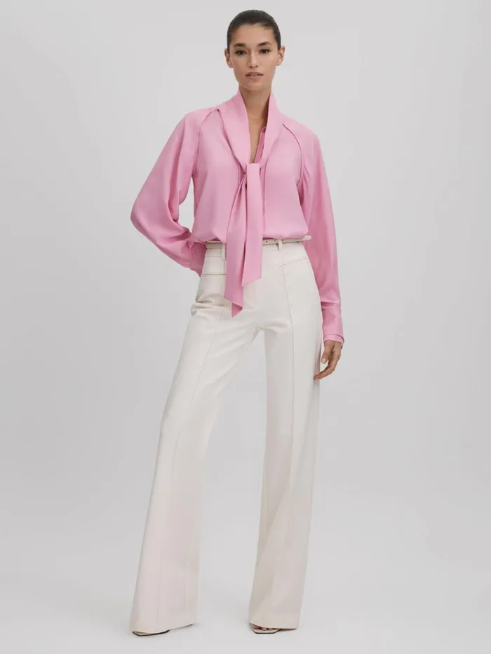 Women Reiss Blouses and Shirts Ella Tie Neck Zip Front Blouse Pink