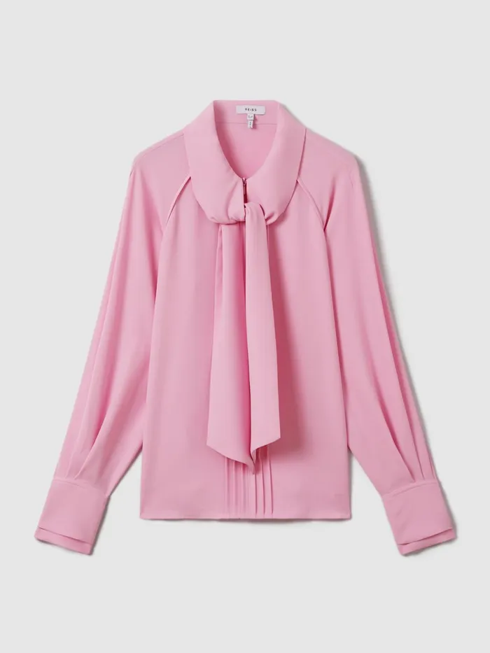 Women Reiss Blouses and Shirts Ella Tie Neck Zip Front Blouse Pink