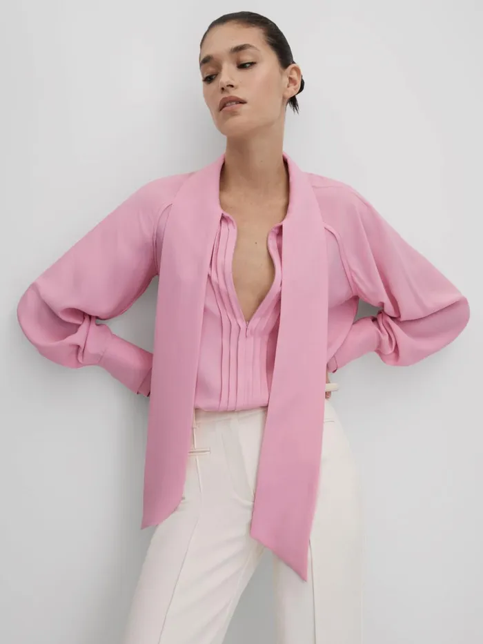 Women Reiss Blouses and Shirts Ella Tie Neck Zip Front Blouse Pink