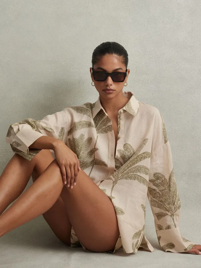 Women Reiss Blouses and Shirts Oskia Linen Tropical Print Shirt Neutral