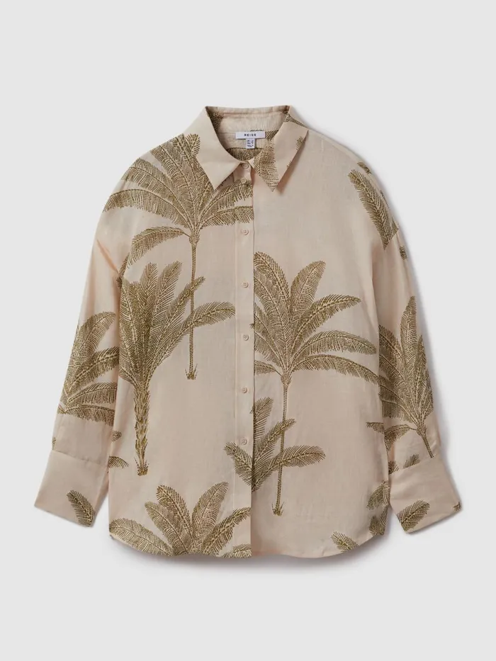 Women Reiss Blouses and Shirts Oskia Linen Tropical Print Shirt Neutral