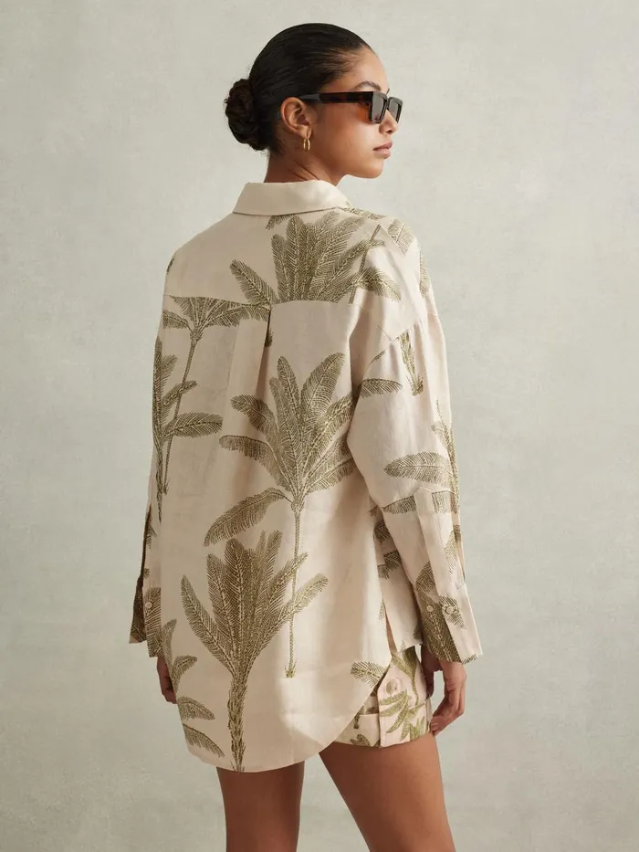 Women Reiss Blouses and Shirts Oskia Linen Tropical Print Shirt Neutral