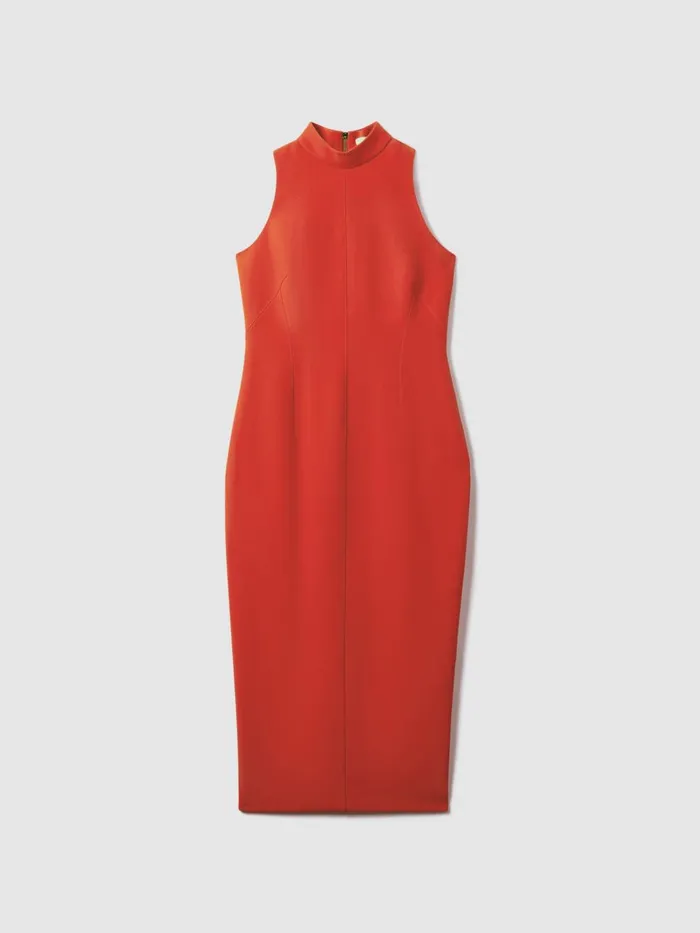 Women Reiss Brands Crepe Fitted Midi Dress Deep Coral