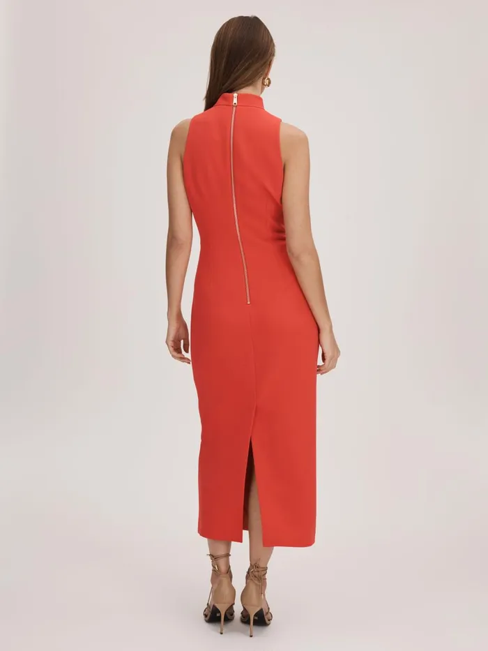 Women Reiss Brands Crepe Fitted Midi Dress Deep Coral